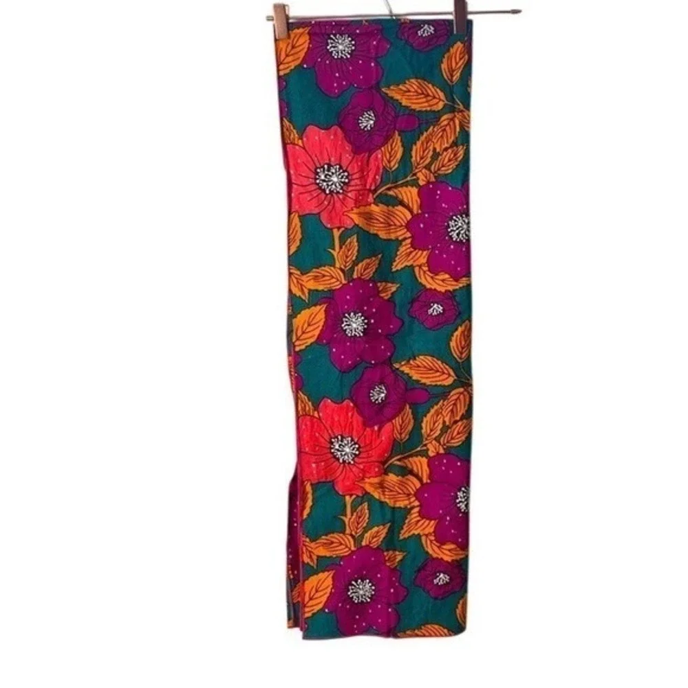 Vibrant Floral Print Head Wrap Scarf Teal Pink Orange‎ Boho Silk Blend